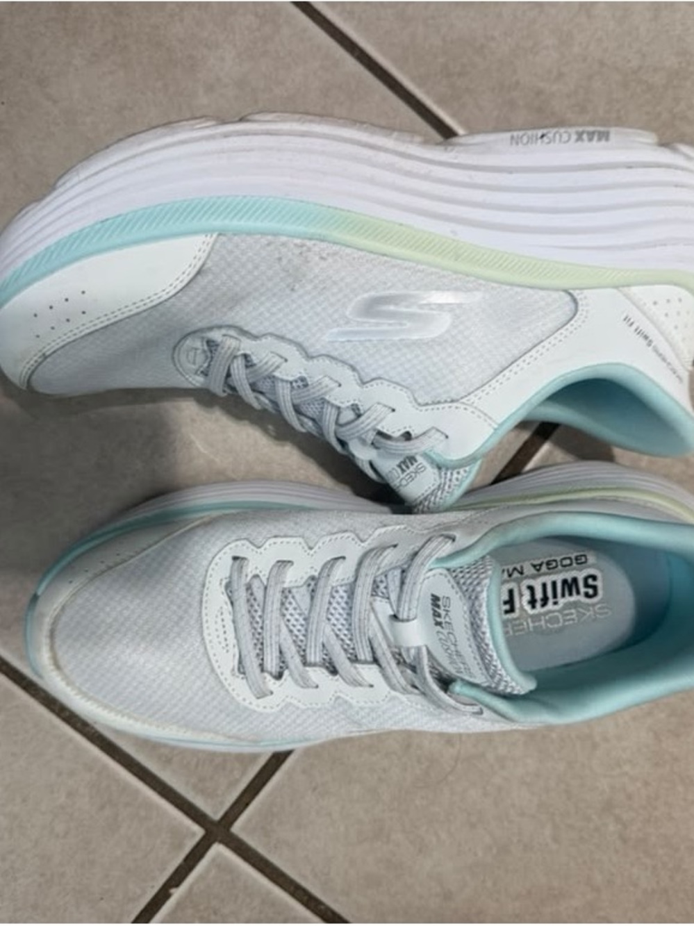 Skechers White Athletic Sneakers with Mint and Pale Yellow Gradient Trim